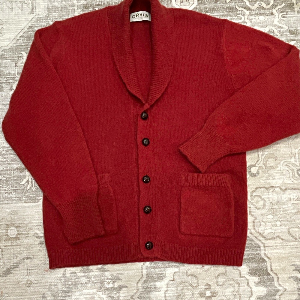 Orvis Mens Burnt Orange Wool Knit Button Front Collared Cardigan Sweater L